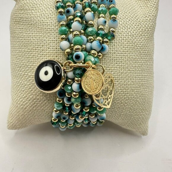 Sparkle Bee Jewelry - Set of Three Beaded Stack Bracelets Evil‎ Eye and Charms Accents